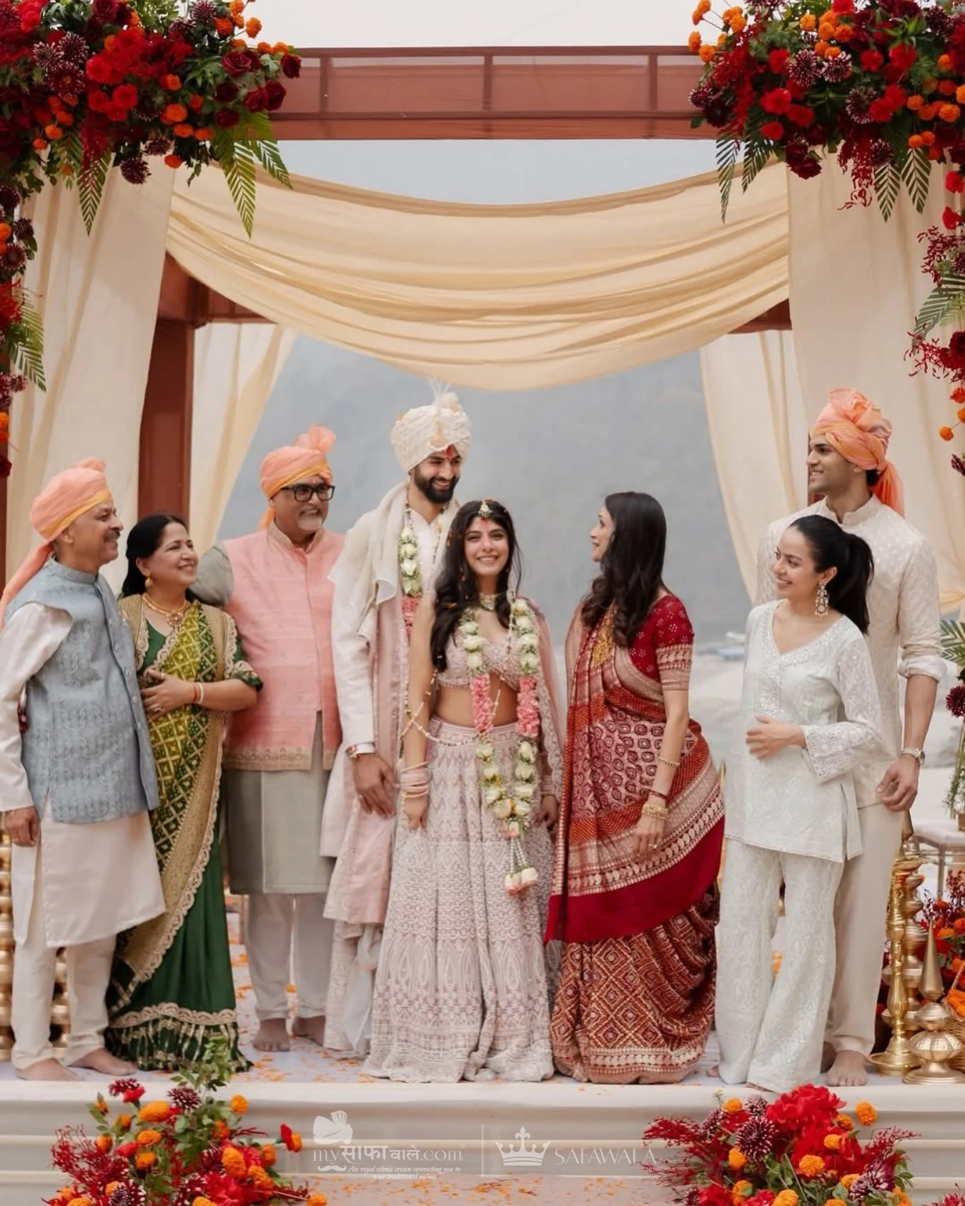 Royal red wedding safa and embroidered groom styling for Baijnath